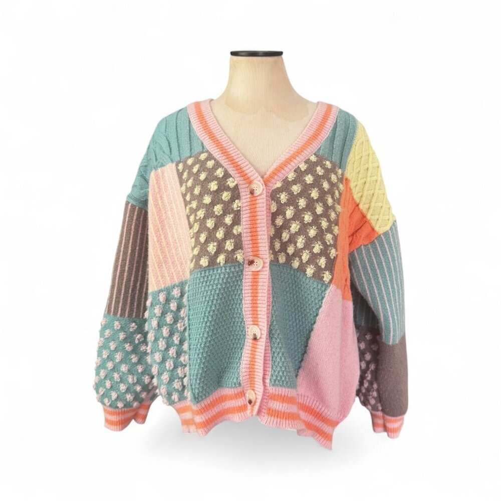 Colorful Patchwork Cardigan Sweater size L - Picture 2 of 9
